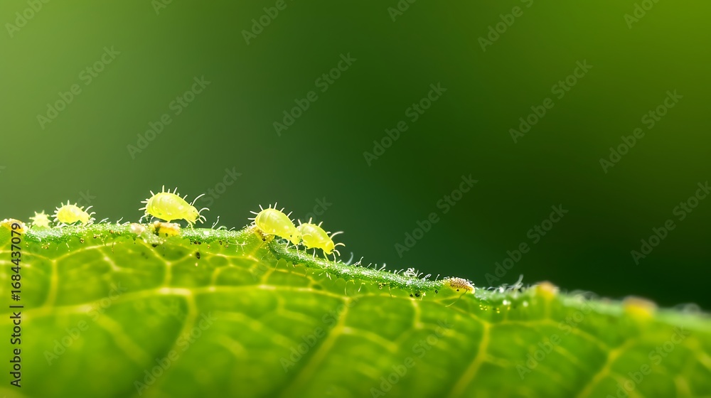 Fototapeta premium Tiny green aphids clustered on a vibrant green leaf edge