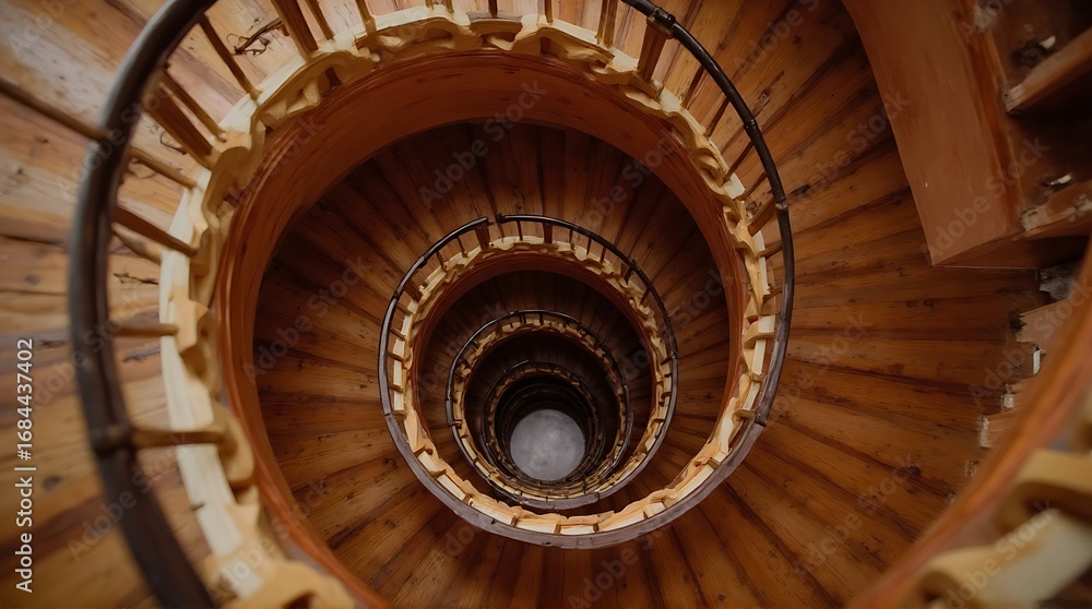 Fototapeta premium Ornate Wooden Spiral Staircase Descending into a Dimly Lit Well