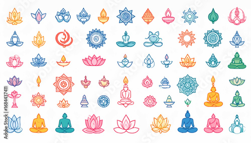 Modern flat vector Hindu icon set including Om symbol, lotus, diya lamp, mandala, temple, trishula, and meditation pose. Clean colorful line art isolated on white background for stock and digital use