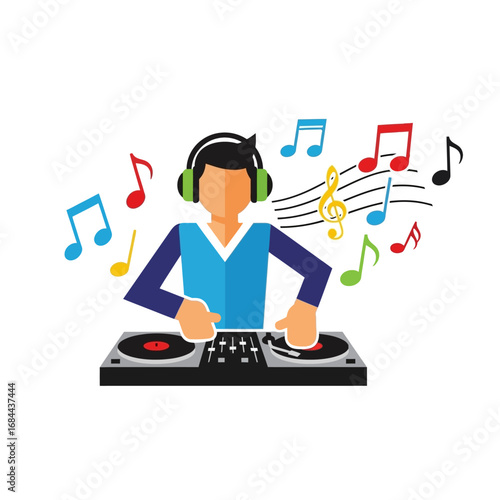 Illustrative dj spinning tunes with musical notes floating around, promoting vibrant entertainment