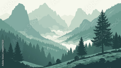 Beautiful mountain landscape with pine trees and fog nature scene vector illustration background design