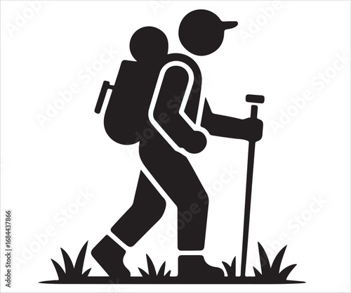 Black silhouette vector illustration of a hiker with backpack and walking stick in outdoor adventure scene, trekking, travel, exploration, camping, and wilderness lifestyle concept