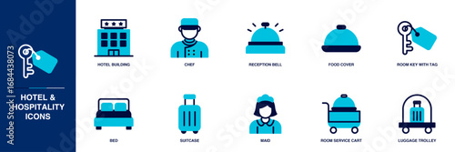 Hotel and Hospitality Blue Colored Outline Icon Set