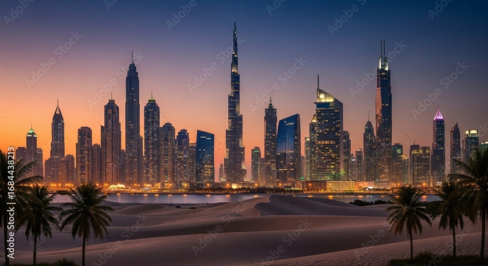 Fototapeta premium Dubai's majestic skyline merges with serene desert landscapes under vibrant skies