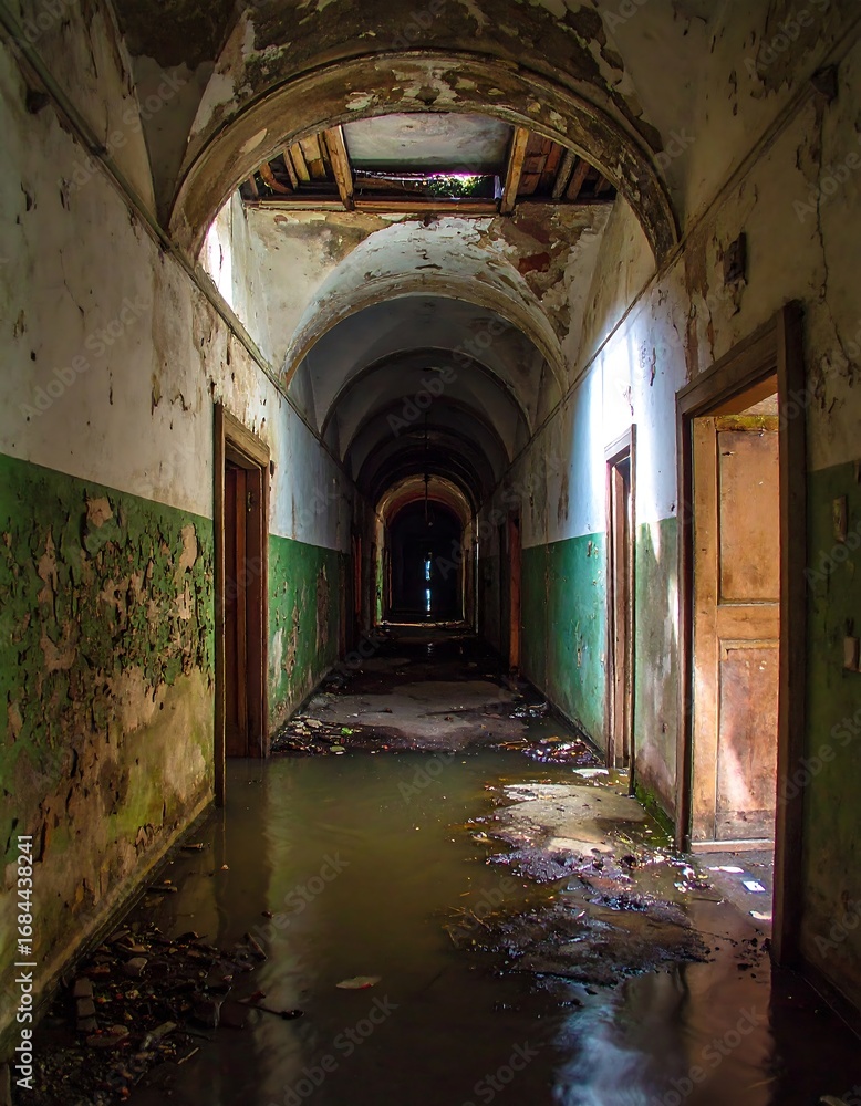 Fototapeta premium A flooded, decaying hallway