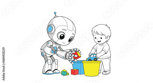 Vector art of a robot and a boy playing together with toys, symbolizing friendship and the future of technology