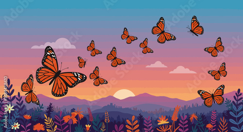 This elegant flat design illustration portrays a majestic migration of monarch butterflies, subtly patterned with Día de los Muertos motifs, symbolizing the journey of ancestral spirits
