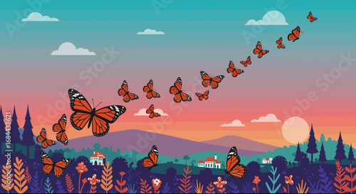 This elegant flat design illustration portrays a majestic migration of monarch butterflies, subtly patterned with Día de los Muertos motifs, symbolizing the journey of ancestral spirits