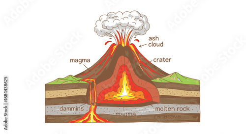 Illustration of a volcano eruption with magma, ash cloud, and crater