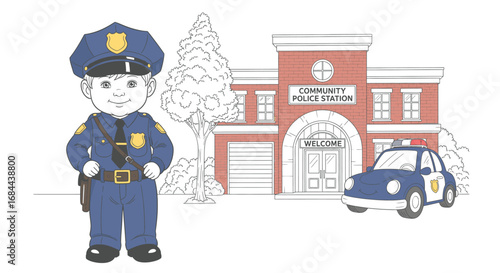 Illustration of a police officer standing in front of the community police station