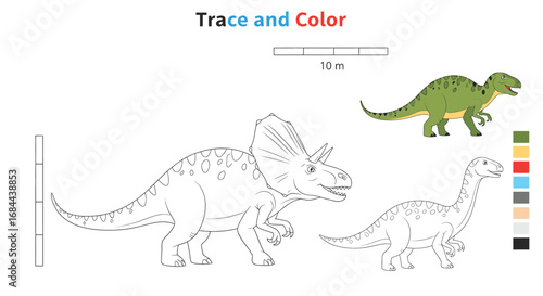 Vector art of trace and color the dinosaurs with a triceratops and other herbivores