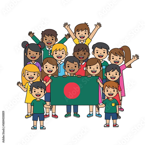 Diverse group of children joyfully holding a Bangladesh flag, representing unity and culture