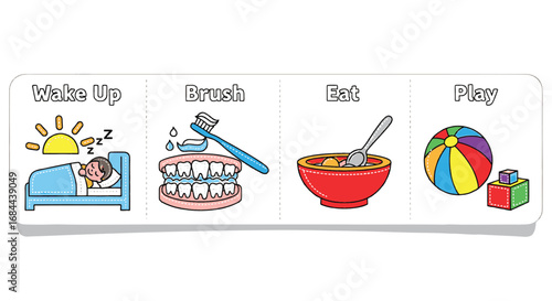 Vector art of daily routine chart for children with wake up, brush teeth, eat, and play
