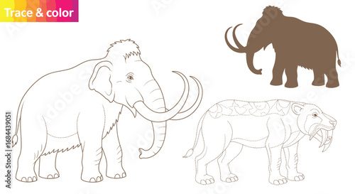 Vector art of trace and color prehistoric animals mammoth and saber tooth tiger for kids coloring page