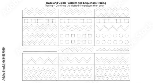 Vector art of trace and color patterns and sequences tracing worksheet for preschool and kindergarten kids activity