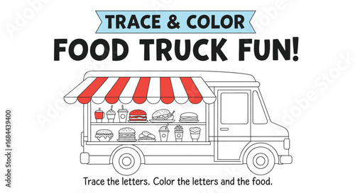 Vector art of food truck fun trace and color activity sheet for kids, promoting creativity and learning