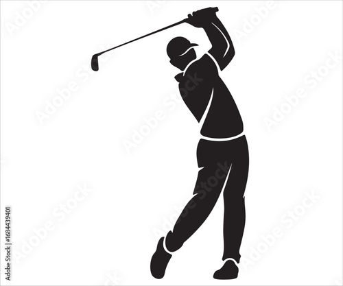 Black silhouette vector illustration of a golfer swinging club, athletic sports design concept representing golf game, recreation, competition, outdoor activity, and lifestyle