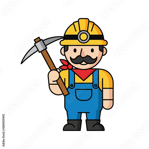 Cartoon miner character holding pickaxe equipment in protective uniform with friendly expression