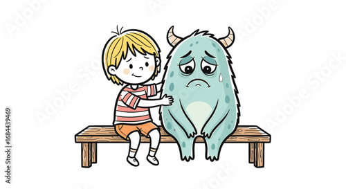 Vector art of a boy comforting a sad monster concept of empathy, support, and mental health awareness