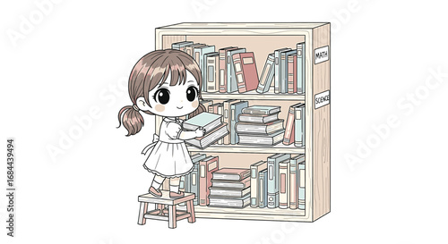 Vector art of a cute cartoon girl is standing on a stool and putting books on a bookshelf