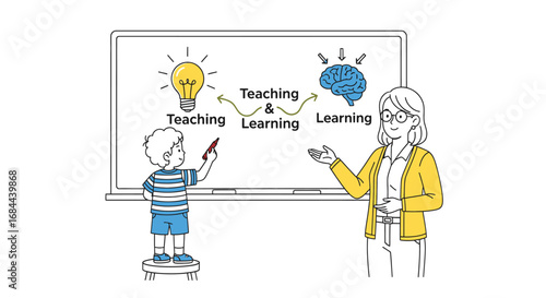 Vector art of a teacher is explaining a concept to a student in the classroom teaching and learning process