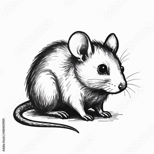A detailed black and white sketch of a cute mouse.