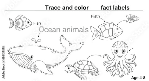 Vector art of ocean animals trace and color activity page for kids aged 48
