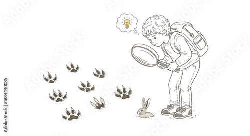 Vector art of a young boy with a magnifying glass is following animal footprints, showing curiosity and discovery
