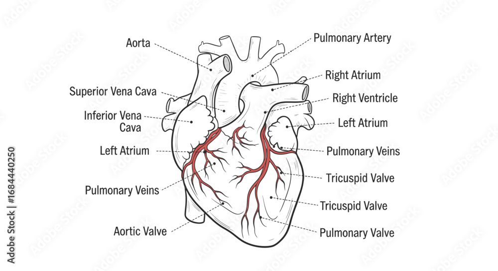 Fototapeta premium Vector art of detailed illustration of human heart anatomy with labels showing major parts