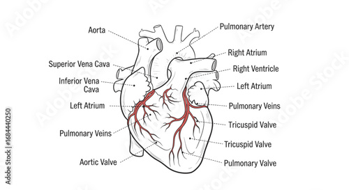 Vector art of detailed illustration of human heart anatomy with labels showing major parts