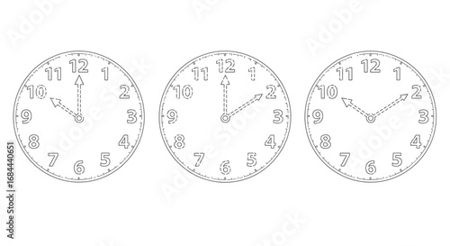 Vector art of three clocks showing different times, perfect for time management or scheduling concepts