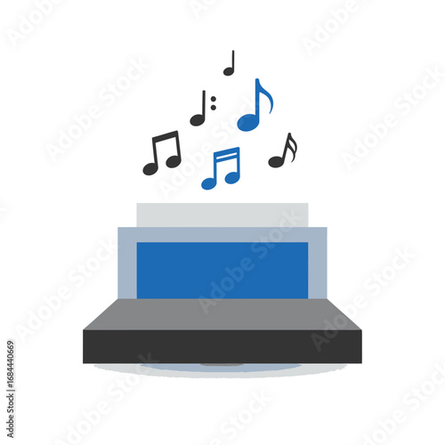 Abstract illustration of a jukebox emitting floating musical notes against a white backdrop
