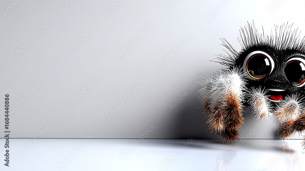 Fototapeta premium Adorable fuzzy spider peeking from wall