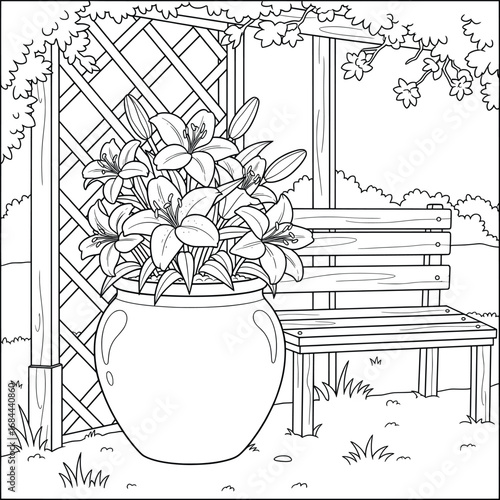 Lily flowers vector illustration with blooming blossoms in a large pot placed beside a wooden bench under a garden trellis surrounded by foliage in an outdoor scene