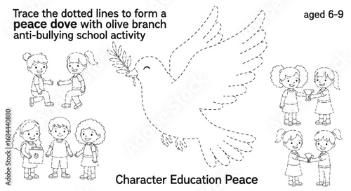 Vector art of trace the dotted lines to form a peace dove with olive branch antibullying school activity
