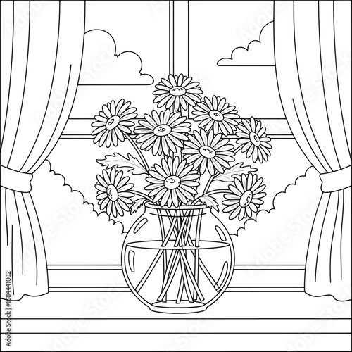 Daisy bouquet vector illustration with flowers arranged in a round glass vase placed on a windowsill framed by curtains with a scenic view of clouds outside