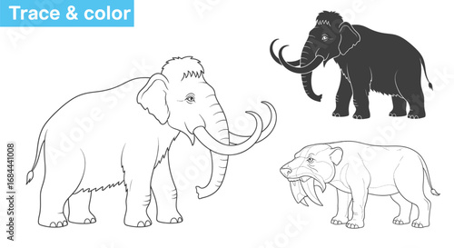 Vector art of mammoth and sabertooth tiger for tracing and coloring book for childrens education and fun activity