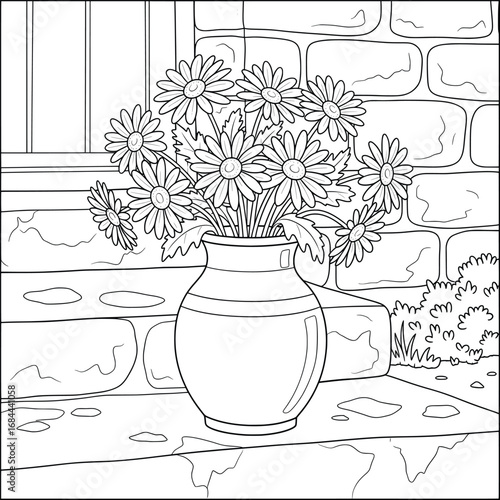 Daisy bouquet vector illustration with blooming flowers arranged in a ceramic vase placed on stone steps beside a brick wall and small decorative bushes outdoors