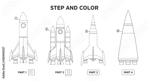 Vector art of step and color rocket space ship drawing for education, learning, and activity
