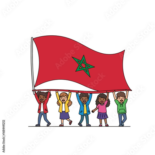 Youthful unity celebration: children proudly displaying the flag of Morocco together happily