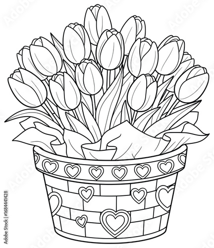 Tulip bouquet vector illustration with blooming flowers arranged in a decorative pot adorned with heart patterns and leaves wrapped around the base of the composition