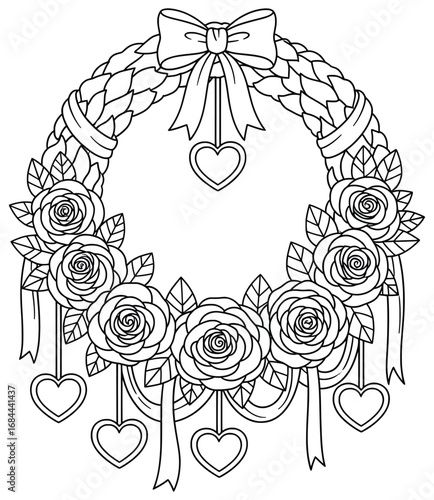 Rose wreath vector illustration with blooming flowers, decorative leaves, ribbon bows, and hanging heart ornaments arranged in a circular frame for a festive design