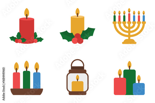Festive holiday candle vector illustrations, decorative seasonal light designs, Christmas lantern art, celebration graphics, winter festival elements, bright decor