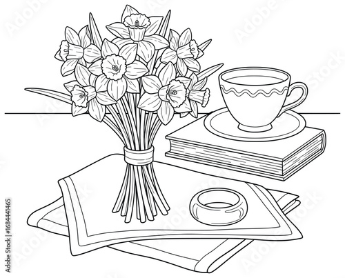 Daffodil bouquet vector illustration with flowers tied together and placed on folded napkins beside a teacup on a book and a small round holder
