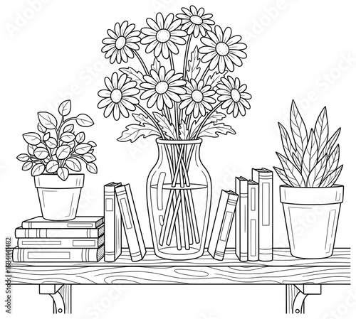 Daisy bouquet vector illustration with flowers in a glass vase placed on a wooden shelf alongside potted plants and neatly arranged stacked books in a cozy scene