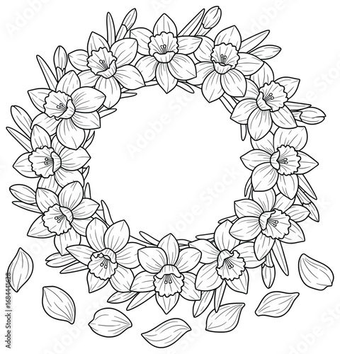 Daffodil wreath vector illustration with blooming flowers arranged in a circular frame design decorated with petals and leaves scattered around the composition