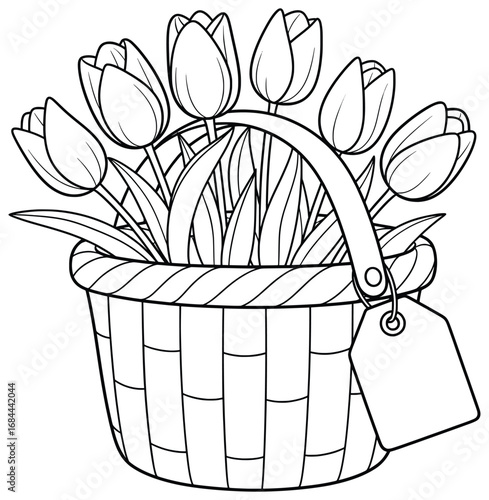 Tulip flowers in a woven basket vector illustration with detailed petals, leafy arrangement, handle and tag design perfect for floral coloring pages, botanical artwork and decorative creative projects