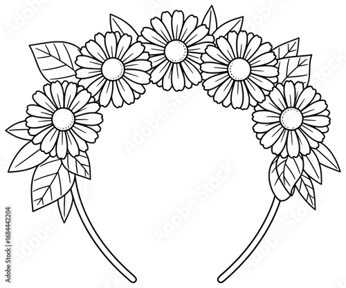 Flower crown vector illustration featuring five detailed blossoms with leaves arranged in a decorative headband design perfect for wedding invitations greeting cards romantic fashion projects
