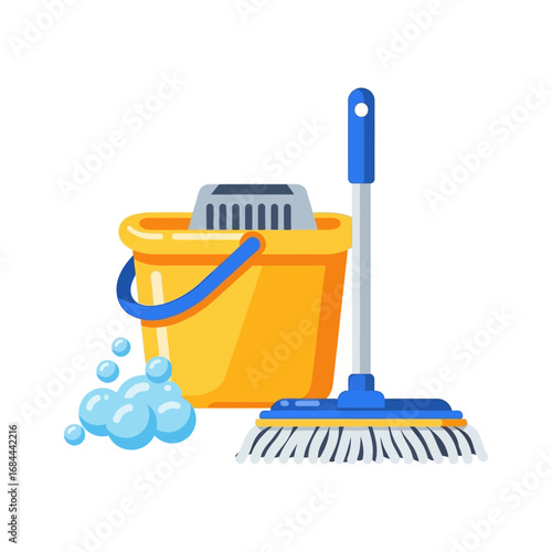 Essential cleaning kit with mop and bucket illustration for spotless surfaces and floors