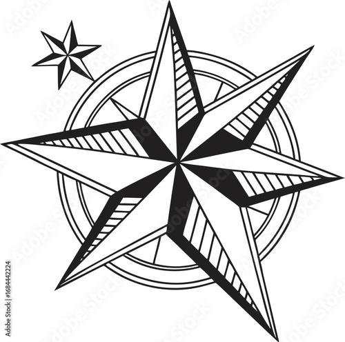 A simple black and white vector illustration of a compass rose with a star design